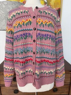 Boden Pink Floral Fair Isle Button-Front Cardigan